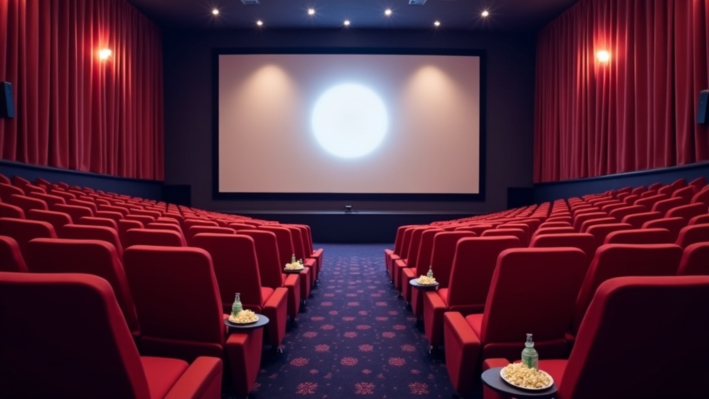 A colorful, inviting movie theater with a bright screen and rows of comfortable red seats. Popcorn and drinks on side tables.