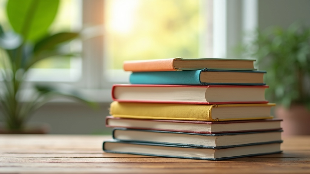 A colorful stack of hardcover books on a wooden table, surrounded by a peaceful atmosphere with soft natural light and a plant in the background