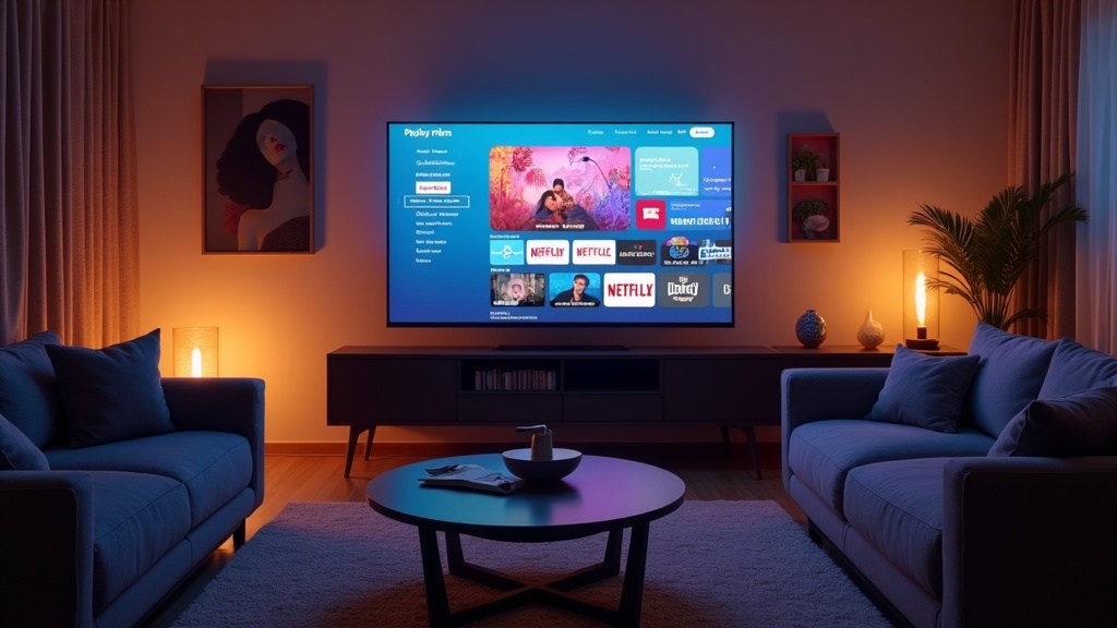 modern living room with a large screen showing a streaming platform interface on the TV, remote on table, soft lighting, and various household items